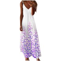 Sasaquoy Femmes Casual Plus Size Flowers Print V-Neck Sans Manches Maxi Robe Longue Violet