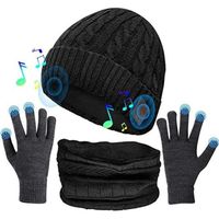 Bonnet Bluetooth 5.0 Cadeau Homme Femme Noir Chapeau d'hiver sans Fil USB Stéréo Microet intégrés Avec Écharpe et Gants