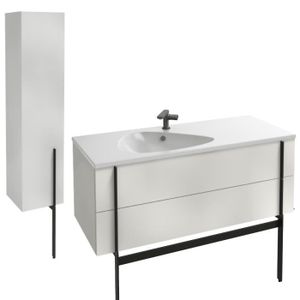 MEUBLE VASQUE - PLAN Meuble lavabo simple vasque 120 cm JACOB DELAFON Nouvelle Vague blanc brillant + colonne de salle de bain version gauche + pied