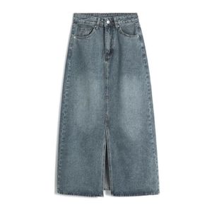 JUPE ReddaChic-Jupe en jean pour filles coréennes,maxi avec fente sur le devant,grande taille,décontracté,uni,long- Bleu[E24000]