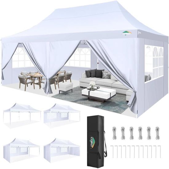 Tonnelle De Jardin 3x6 M – Tente De Fête Imperméable & Anti-UV – Avec 6 Panneaux Latéraux & Fenêtres – Pour Réunions, Barbecues, Mariages – Bleue