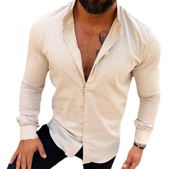 Chemise Homme Coton Lin Manches Longues - Coupe Régulière Col Grand-Père, Légère Respirante Pour Été Et Plage