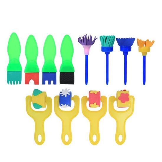 Kit 27 Pièces Éponges Peinture Enfant Avec Pinceaux Rouleaux Et Tablier Imperméable