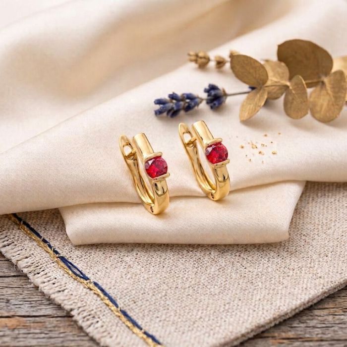 Boucles D'oreilles Dormeuses Plaqué Or 750 Avec Zircon Rouge - Solitaire - Marque Bijouterie Papillon Bleu