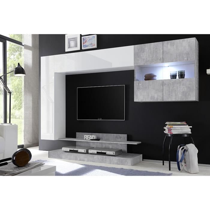 LEONTINE LAQUE BLANC AVET VITRINE ET MEUBLE TV BETON ENSEMBLE COMPOSITION MEUBLE TV TENDANCE