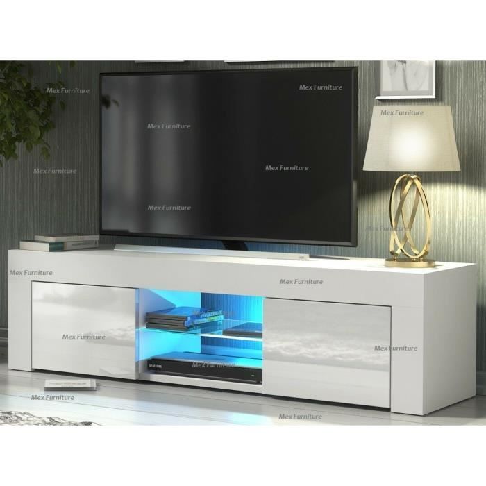 Meuble TV / Meuble de salon - NOUVEAU- 130 cm - blanc mat / blanc brillant - avec LED - 2 niches