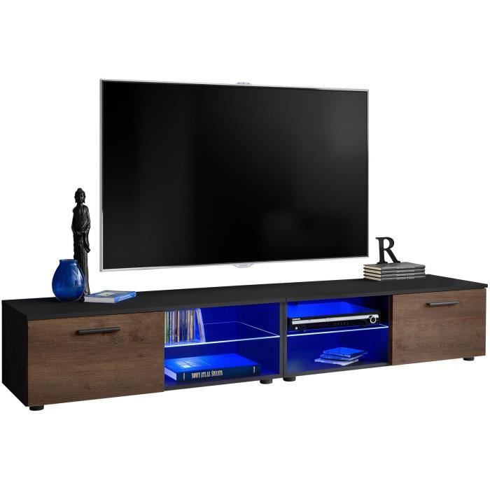 2 meubles TV avec une étagère en verre et une porte / Carcasse en Mat / Façades en Bois Mat / L(2x100cm) x H34.5cm x P45cm / Bronze