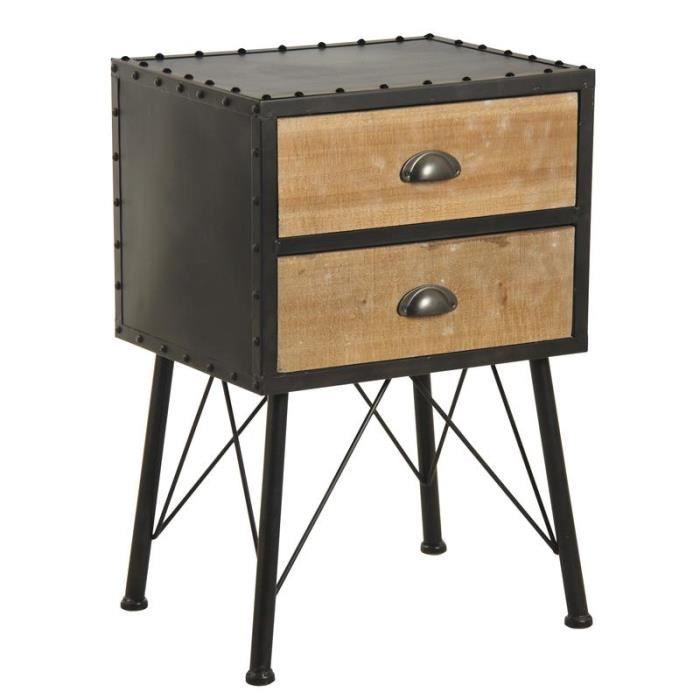 Table de nuit de style industriel en métal noir et bois.