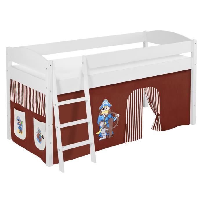 Lit surélevé ludique/évolutif IDA 4105 Pirate marron beige-S - avec rideaux - LILOKIDS - blanc laqué
