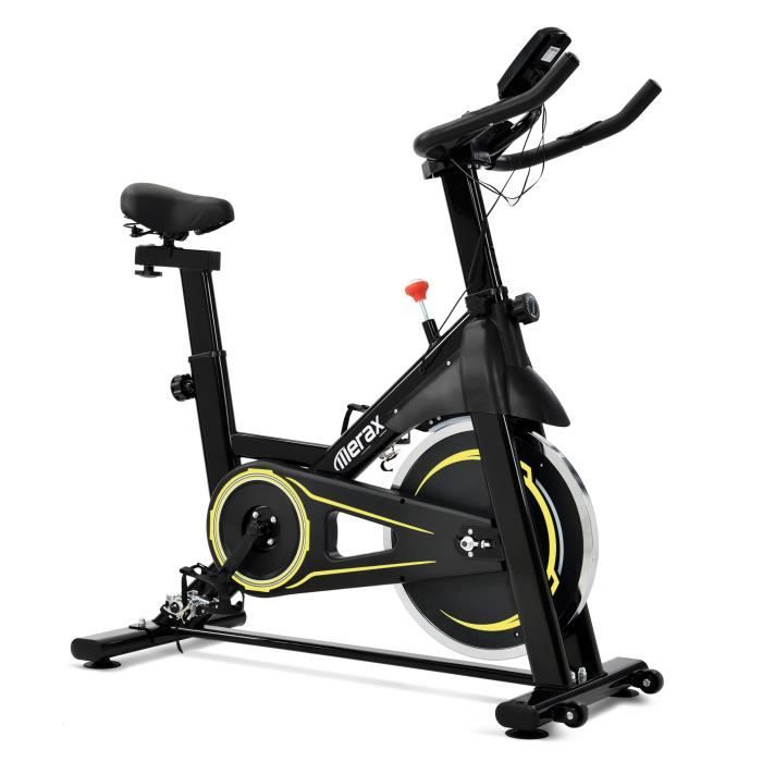 Vélo Spinning Biking d'Appartement Cardio, Poids d’Inertie de 10 KG, Programme, Silencieux, Guidon et Siège Réglable, Jaune - Merax