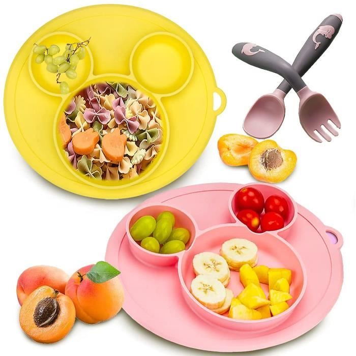 Assiette Bébé Silicone, Senteen 2pcs Assiette Ventouse Réutilisable Vaisselle Silicone Bebe Assiette Antidérapante Bébé Assiett A22