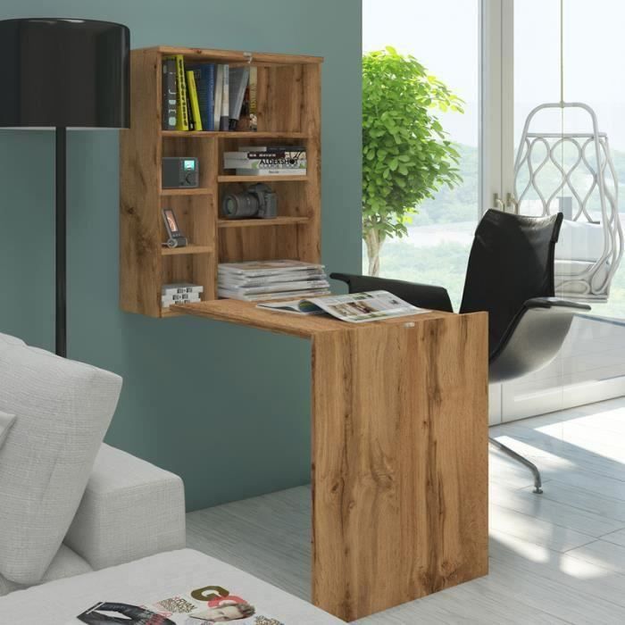 Bureau escamotable / Bureau rabattable - FUNCTION - 60 cm - chêne wotan - 7 niches ouverts - design moderne