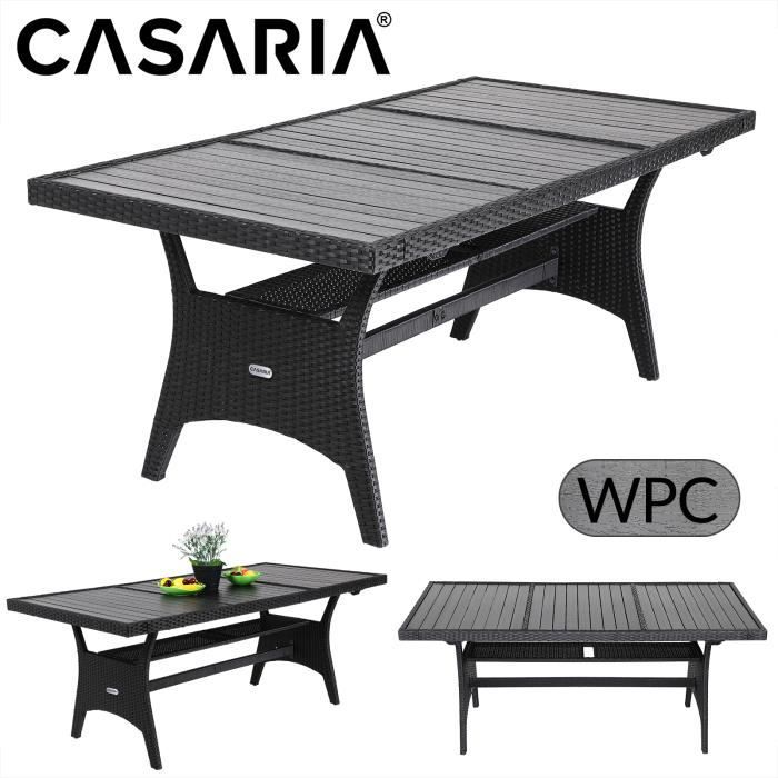 Table de jardin en polyrotin 190x90x75 cm noir-gris plateau en WPC bois composite terrasse balcon mobilier de jardin