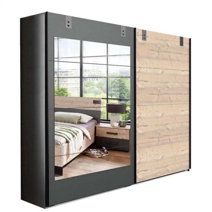 Armoire coulissante VERNON style industriel porte pin vieilli porte graphite miroir vintage Mirroir Inside75