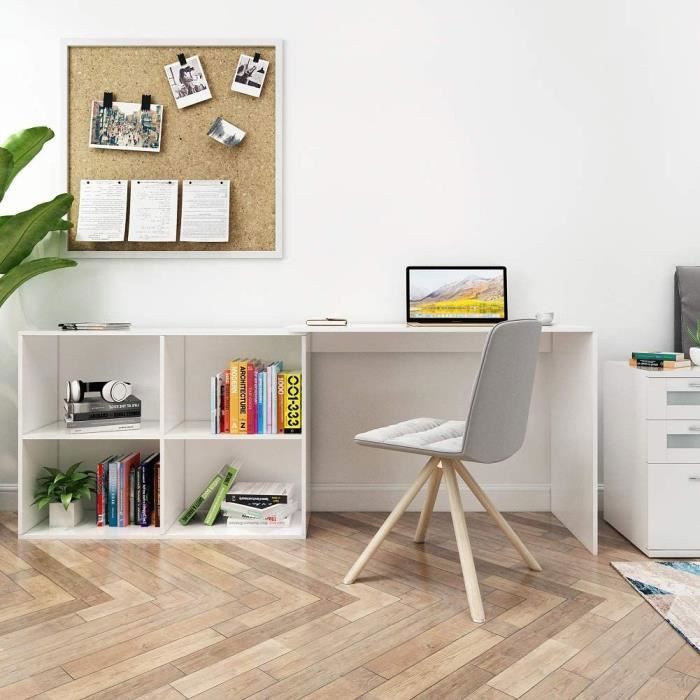 Bureau d'angle avec Rangement, 4 Étagères, Angulaire Réversible, bureau informatique, Bois, Blanc-Mondeer