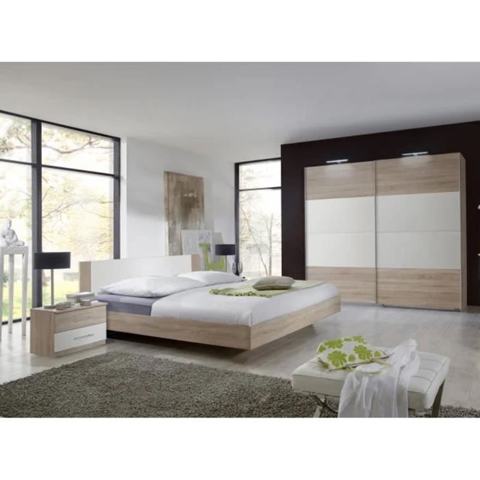 Chambre à coucher complète adulte (lit 140x190 cm + 2 chevets + armoire) coloris blanc/ chêne foncé
