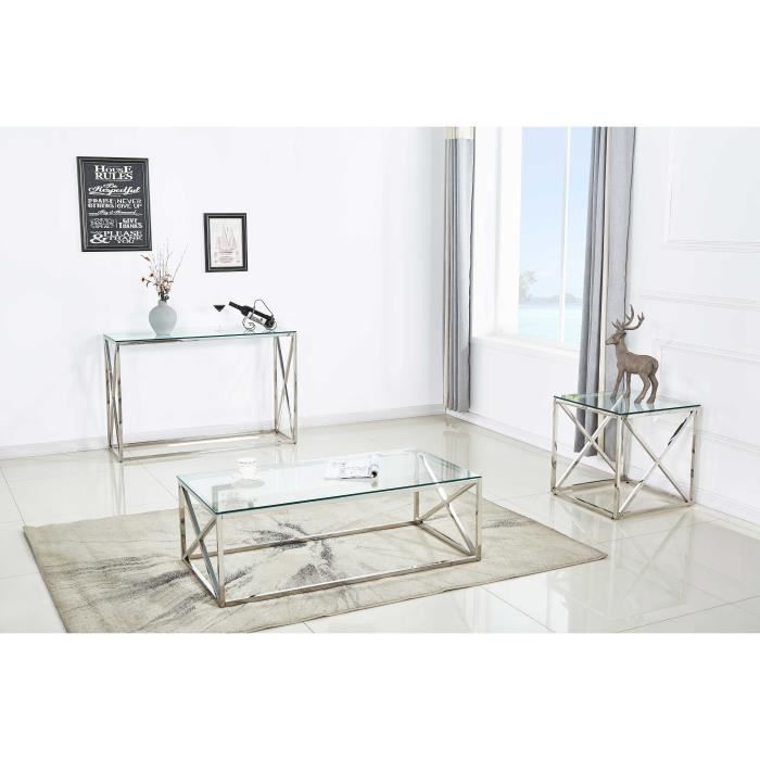 Console Quebec se compose de verre trempé et d'un cadre en métal chromé de couleur argent.