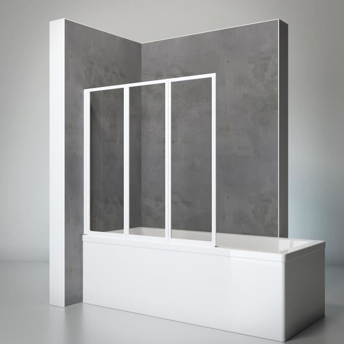 Pare-baignoire à coller 127x120 cm, paroi de baignoire 3 volets pliants, verre transparent, profilé blanc, Schulte