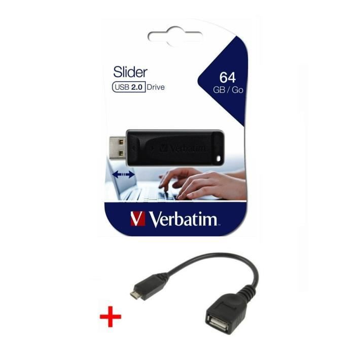 Cle USB 64 Go Verbatim Slider clef USB 64Go 2.0 + adaptateur OTG Micro USB