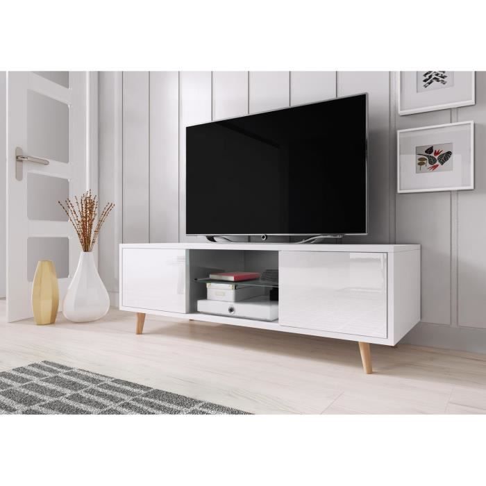 VIVALDI Meuble TV - SWEDEN - 140 cm - blanc mat / blanc brillant sans LED - style scandinave