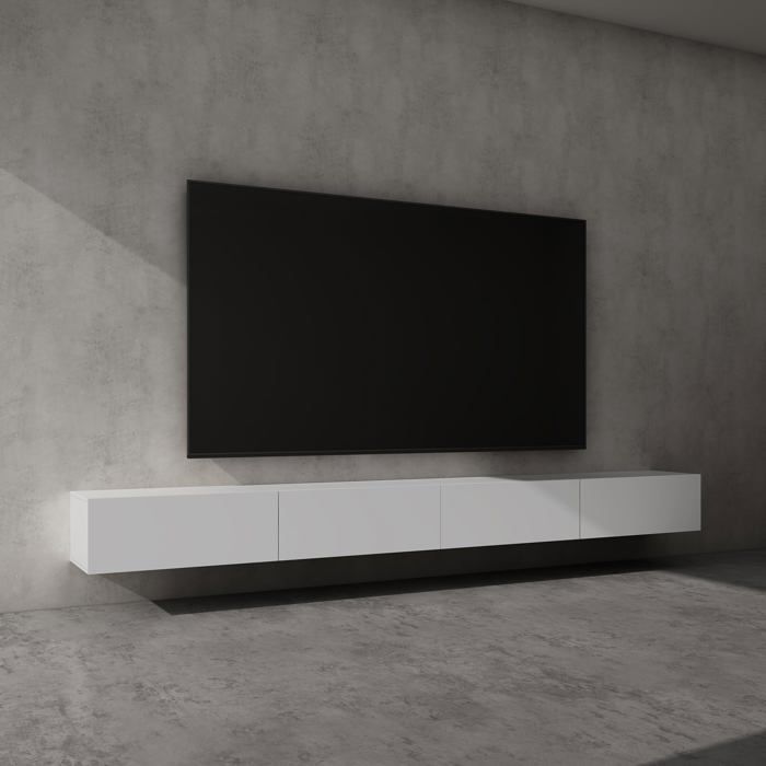 doporro Meuble TV Bas 320 cm Armoire TV Blanc Mat Table de Télévision Salon avec Portes Meuble TV Suspendu MBTV02