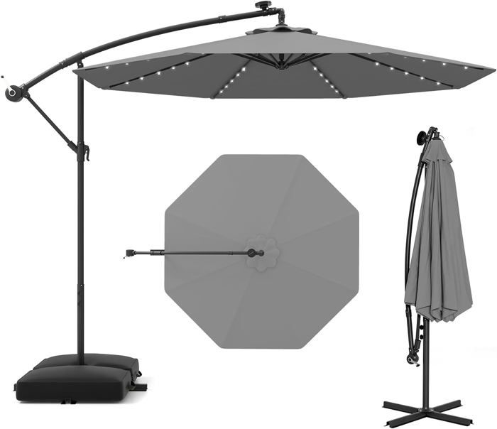 GOPLUS Parasol de Jardin avec 32 Lampes Solaires Parasol Déporté Inclinable Ø300CM avec Pied de Support pour Jardin/Plage Gris