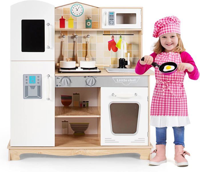 GOPLUS Cuisine Enfant En Bois – 60x30x85 Cm – Son Et Lumière – Four, évier, Micro-ondes – Ustensiles Inclus – 3+ Ans