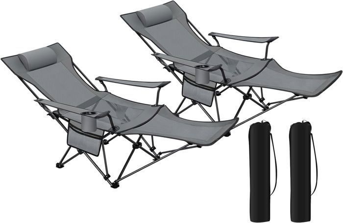 Chaise de Camping Pliante Inclinable Pliable, Gris en Tissu et Maille Oxford 600D Camping Chaise