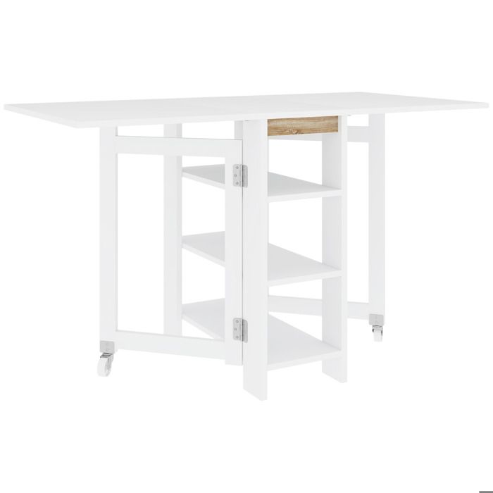 Table à manger pliable - HOMCOM - sur roulettes - avec 2 abattants rabattables et 3 étagères - pour petits espaces - blanc
