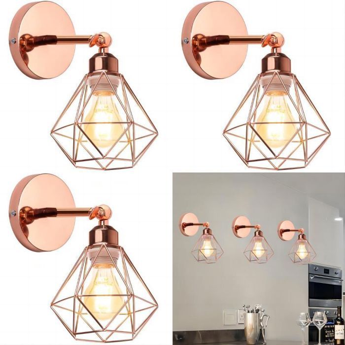 WOTTES Lots de 3 Applique Murale Industrielle Interieur Vintage Lampe Ø16cm Cage en Métal Or rose pour Salon Couloir