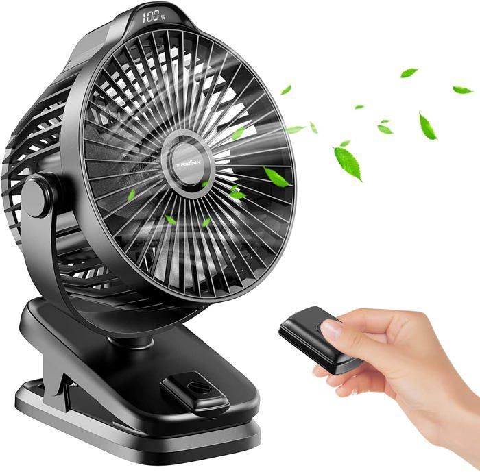 Mini USB Ventilateur Pince Portable8000mAh SilencieuxTélécommandeAffichage LED5 Vitesses Rotation à 360°Rechargeable Table Fan