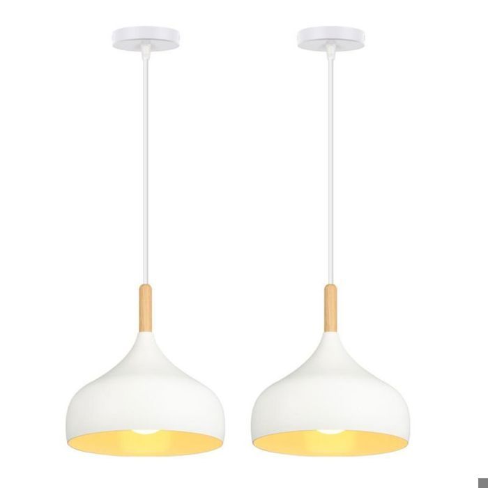WOTTES Lustre Suspension Luminaire Moderne Style Goutte Chapeau Plafonnier Métal Bois pour Salle à Manger Ø24CM Blanc 2PCS