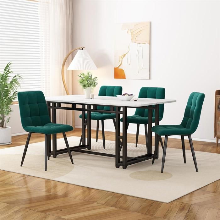 Ensemble table à manger et 4 chaises chaises de salle à manger en velours vert foncé table de salle à manger à pieds en fer noir