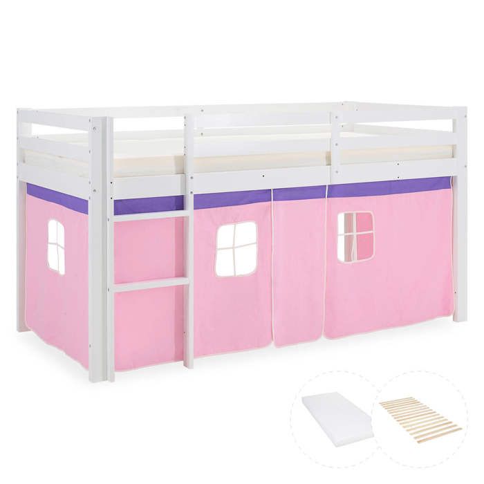Lit mezzanine pour enfants 90 x 200 cm blanc avec rideau rose avec sommier à lattes Lit mezzanine pour enfants 90 x 200 cm blanc avec rideau rose avec sommier à lattes