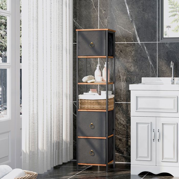 HOOBRO Meuble de Salle de Bain Meuble de Rangement Commode avec Compartiment Ouvert Placard d’Angle 3 Tiroirs en Tissu