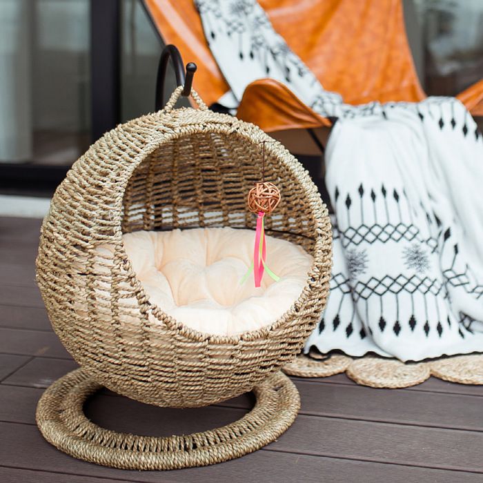 Meilleurs prix pour Panier Suspendu en Rotin pour Chat-Lit Hammac Rond avec Coussin Doux-Design Tressé Naturel,Confort 4 Saisons,Intérieur