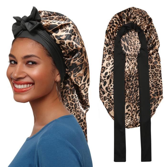 Bonnet de Nuit Bonnet de douche Élastique en Satin Chapeau de Sommeil imprimé léopard pour Adulte Femme Spa Cheveux Bouclés/Longs