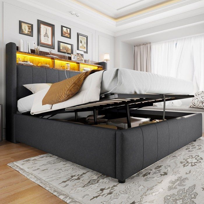 Lit capitonné 160x200 cm Lit coffre Lit double rembourré en lin avec éclairage LED ports USB rangement et sommier à lattes - gris