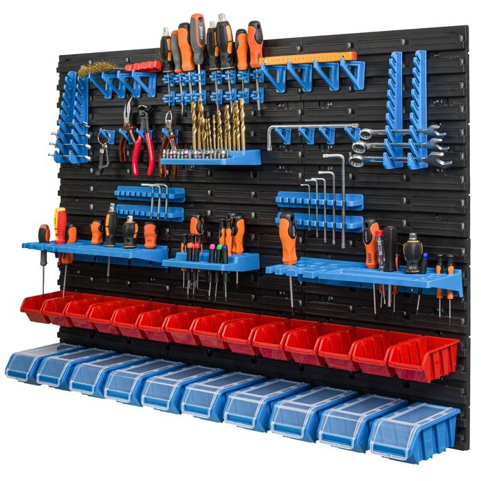 Étagère murale - Botle - 115 x 78 cm - 24 boîtes - Couvertures rouges et bleues - Plastique