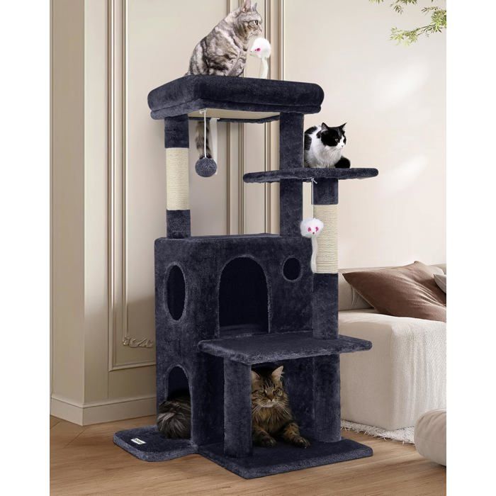Arbre a Chat Solide avec Grande Base Niches Plateforme Peluche JouetsArbres à Chat Hauteur 127cm pour Grands Chats(FC50Gris