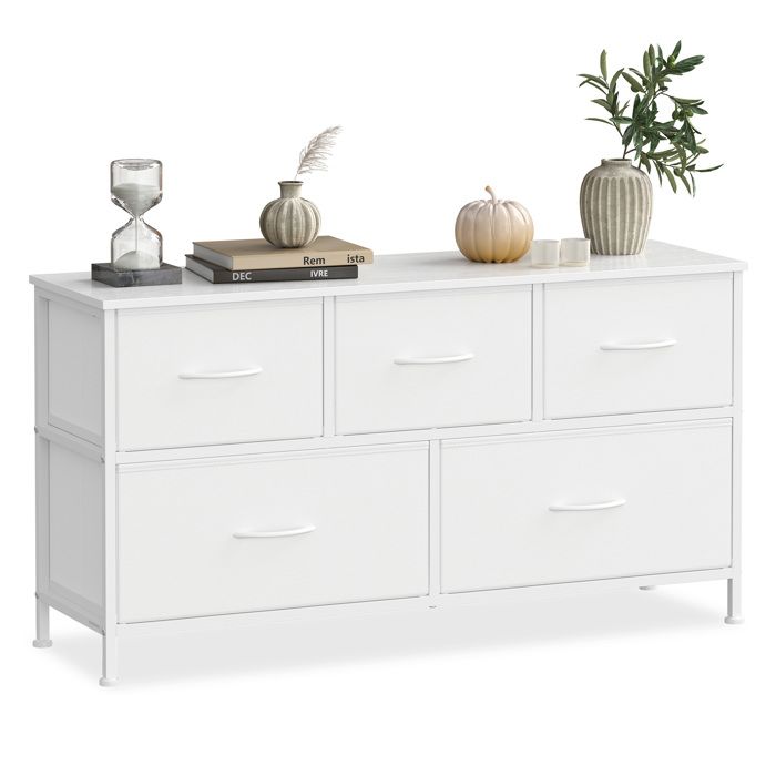 Commode 5 Tiroirs - SONGMICS - Blanc Nuage et Blanc Neige - Polyvalente - Robuste - Montage Facile