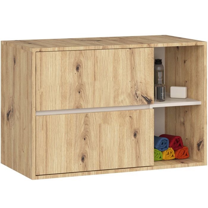 Meuble salle de bains VAMI suspendu sans vasque Chêne Artisan Cachmire 90 cm 2 tiroirs 2 étagères 90x45 5x60 cm