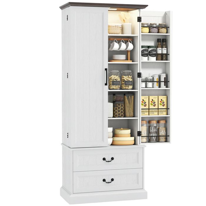 Armoire de cuisine - HOMCOM - LED à capteur 2 portes tiroirs et étagères réglables - panneau de particules - 76x395x183cm - blanc