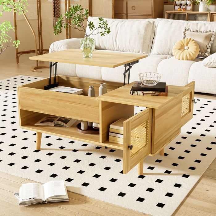 Table basse relevable avec 2 plateau relevables et 2 compartiments