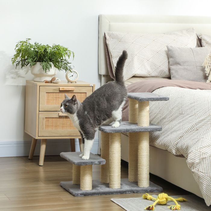 Escalier pour animaux domestiques réglable 3 marches échelle pour chat chien griffoirs en sisal balle 52x345x54cm gris