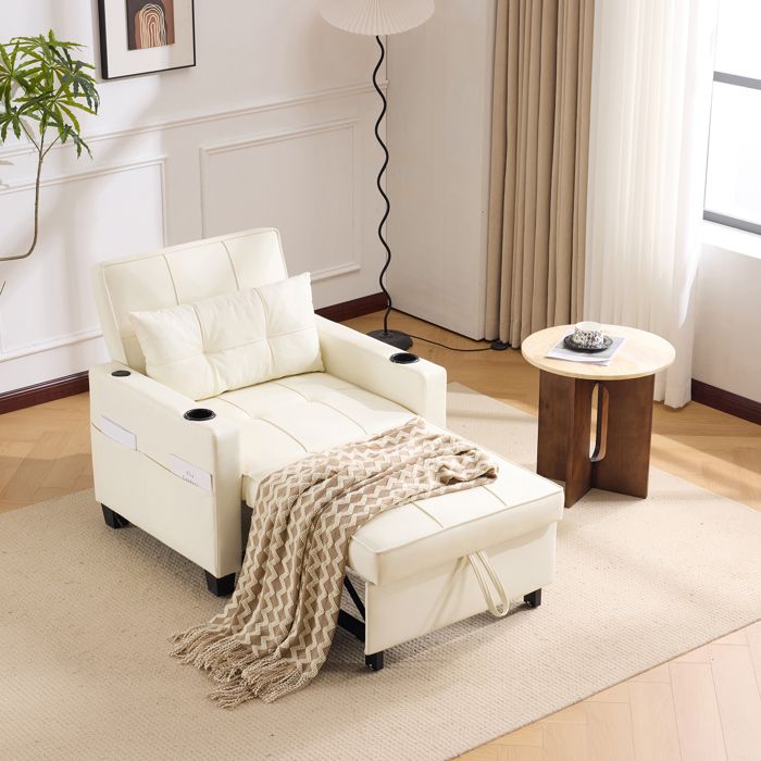 Canapé-lit simple convertible 3 en 1 avec porte-gobelets et port USB Fauteuil avec 1 Oreiller Poche de Rangement Latérale Beige Canapé-lit simple convertible 3 en 1 avec porte-gobelets et port USB Fauteuil avec 1 Oreiller Poche de Rangement Latérale Beige