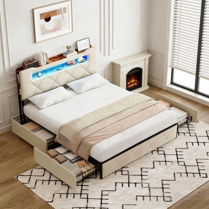Lit capitonné 140x200 cm - KILISKY - Beige - LED intégrée - 4 tiroirs - Sommier inclus