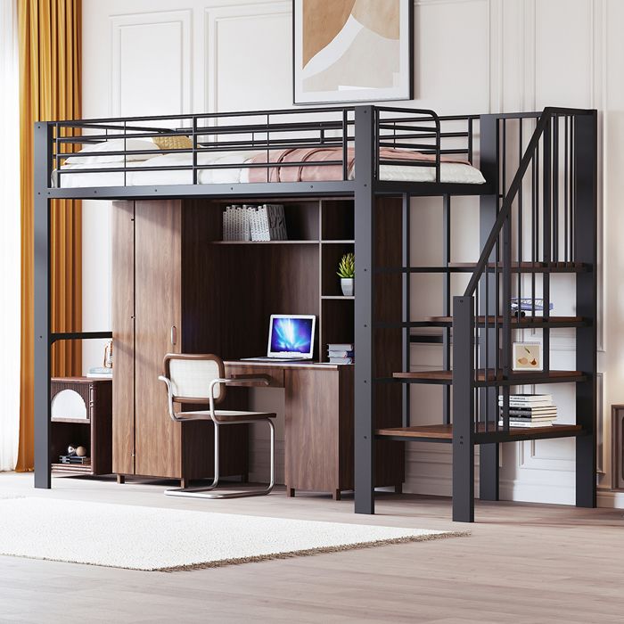 Métal Lit mezzanine 90x200 cm - Avec échelle - Barrières de sécurité - Grand rangement sous le lit - Noir