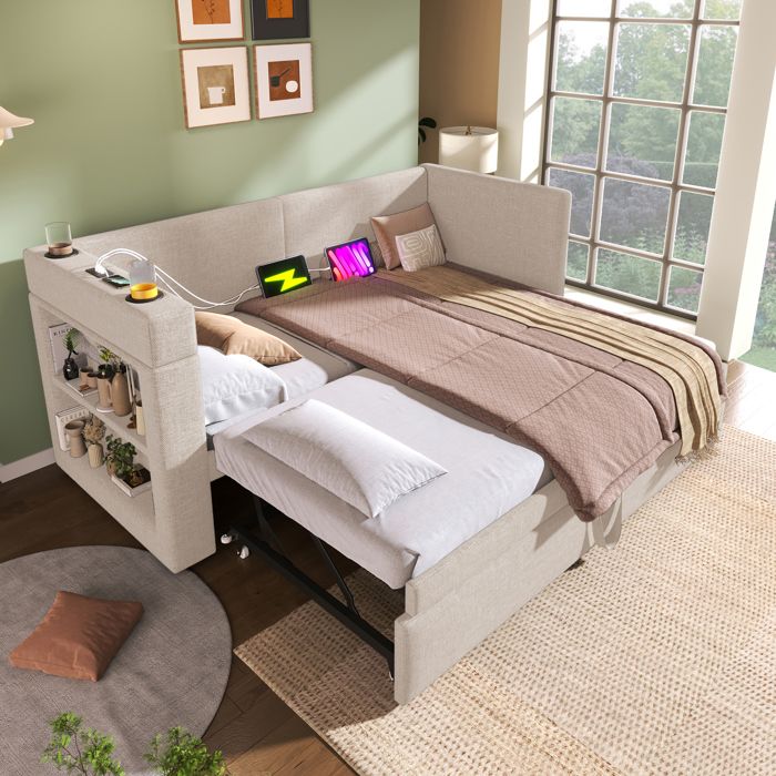 Lit banquette avec lit gigogne 90x200 cm avec ports USB et Type-C Maisentiel