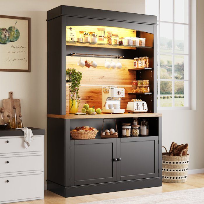 Buffet Haut de Cuisine avec LED Étagères Ouvertes 2 Portes 6 Crochets Noir 107 x 43 x 184 cm Buffet Haut de Cuisine avec LED Étagères Ouvertes 2 Portes 6 Crochets Noir 107 x 43 x 184 cm